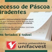 Recesso de Páscoa e Tiradentes de 17 a 21 de abril